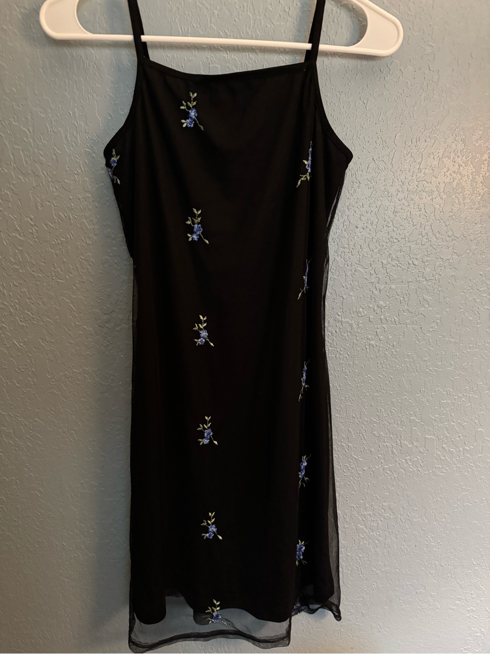 Vintage Rocket Candy Black Midi Slip Dress with Blue Floral Embroidery